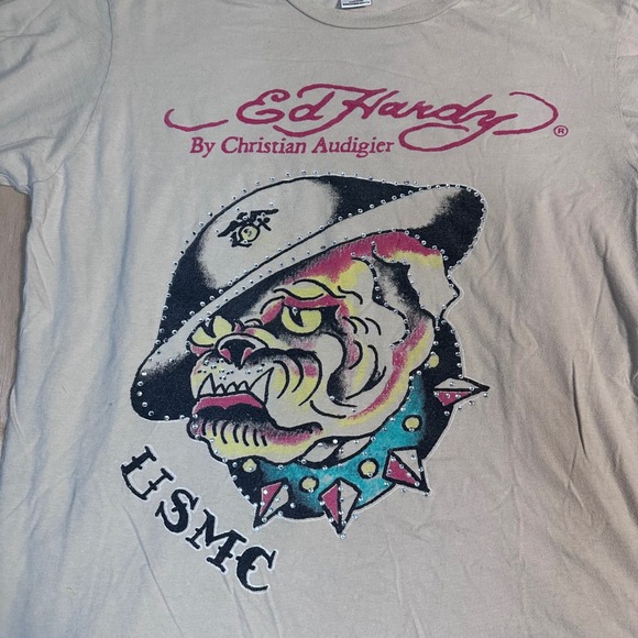 Ed Hardy Christian Audigier Bulldog USMC Graphic T Shirt Tan Large - Picture 2 of 10